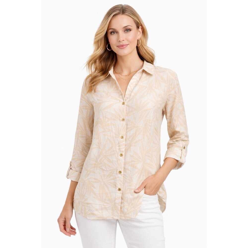 Anne Klein Women's Linen Blend Tropical Button Shirt XS Beige Resort Top Coastal